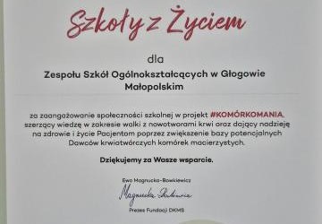 ZSO w Głogowie Młp. z Certyfikatem Szkoły z Życiem